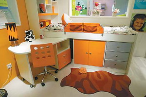 这张属于女孩的、橙色的床，床下有抽屉、橱柜，十分实用。