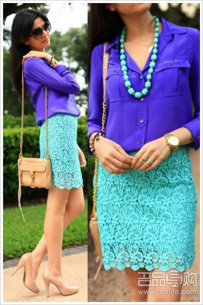 湖蓝色蕾丝短裙与紫色衬衫撞色搭，不一样的蕾丝搭配。